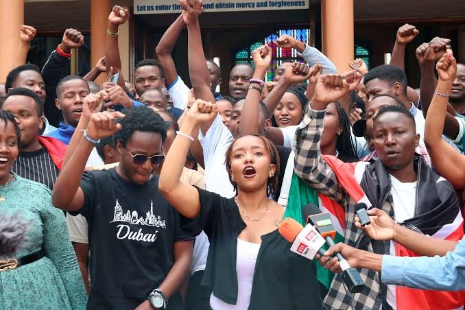 Young Kenyans shout anti-Finance Bill 2024 slogans at the Holy Family Basilica in Nairobi on June 23, 2024 Evans Habil Nation Media Group